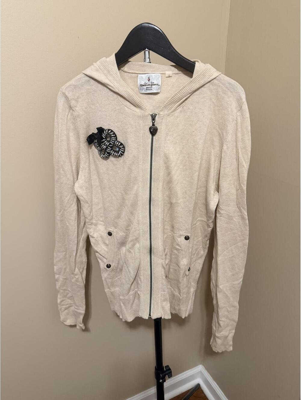 Twisted Heart America Zip Hoodie Sweater Size L Cream Embellished Y2K